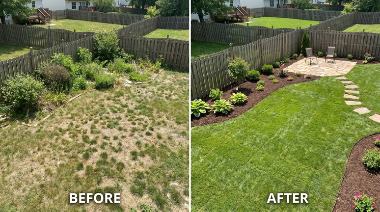 Before and after of backyard overhaul — patchy lawn transformed into new sod, planting beds, and stepping-stone path