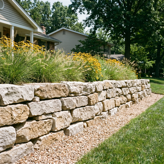Dry-stacked limestone boulder retaining wall with black-eyed Susans on top