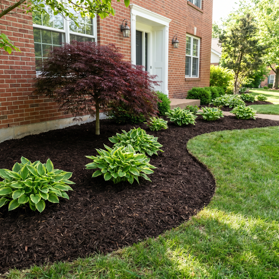 Fresh dark hardwood mulch with hostas and Japanese maple along a brick home